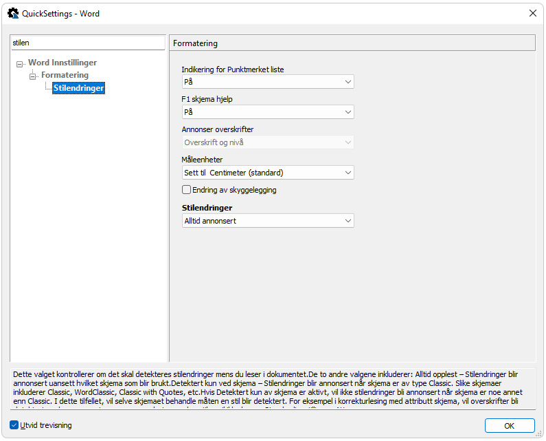 JAWS Quick Settings: La JAWS varsle om endring av stiler i MS Word