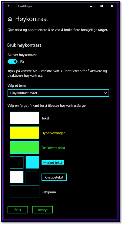 SKjermdump høykontrast innstillinger