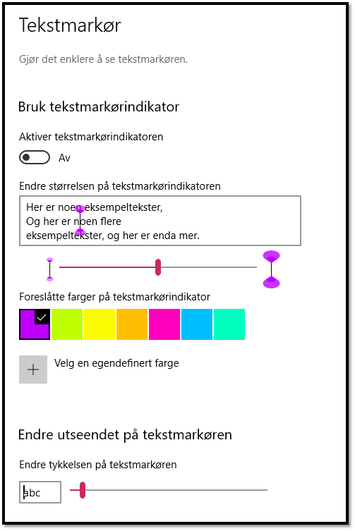 Skjermdump innstillinger for tekstmarkør