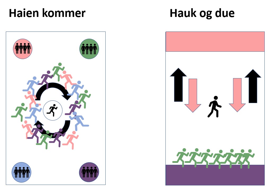 Illustrasjon av hvordan elevene løper under "Haien kommer" og "Hauk og due"