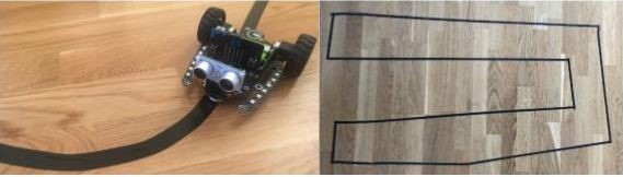 Bildet til venstre viser roboten Bit:bot XL som er programmert til å følge en sort tapestrek på gulvet. Bildet til høyre viser en avgrenset kjørebane mellom to sorte tapestreker formet som en hestesko.