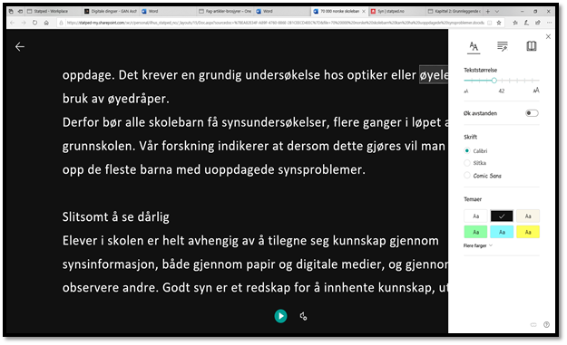 Skjermdump innstillinger for fargekombinasjoner i Engasjerende leser i nettversjon av Word.