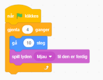 Legger til en løkke Gjenta 4 ganger rundt Gå-blokken og Spill-blokken