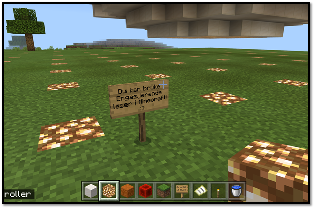 Skjermdump Minecraft med skilt der det står "Du kan bruke Engasjerende leser i MInecraft".