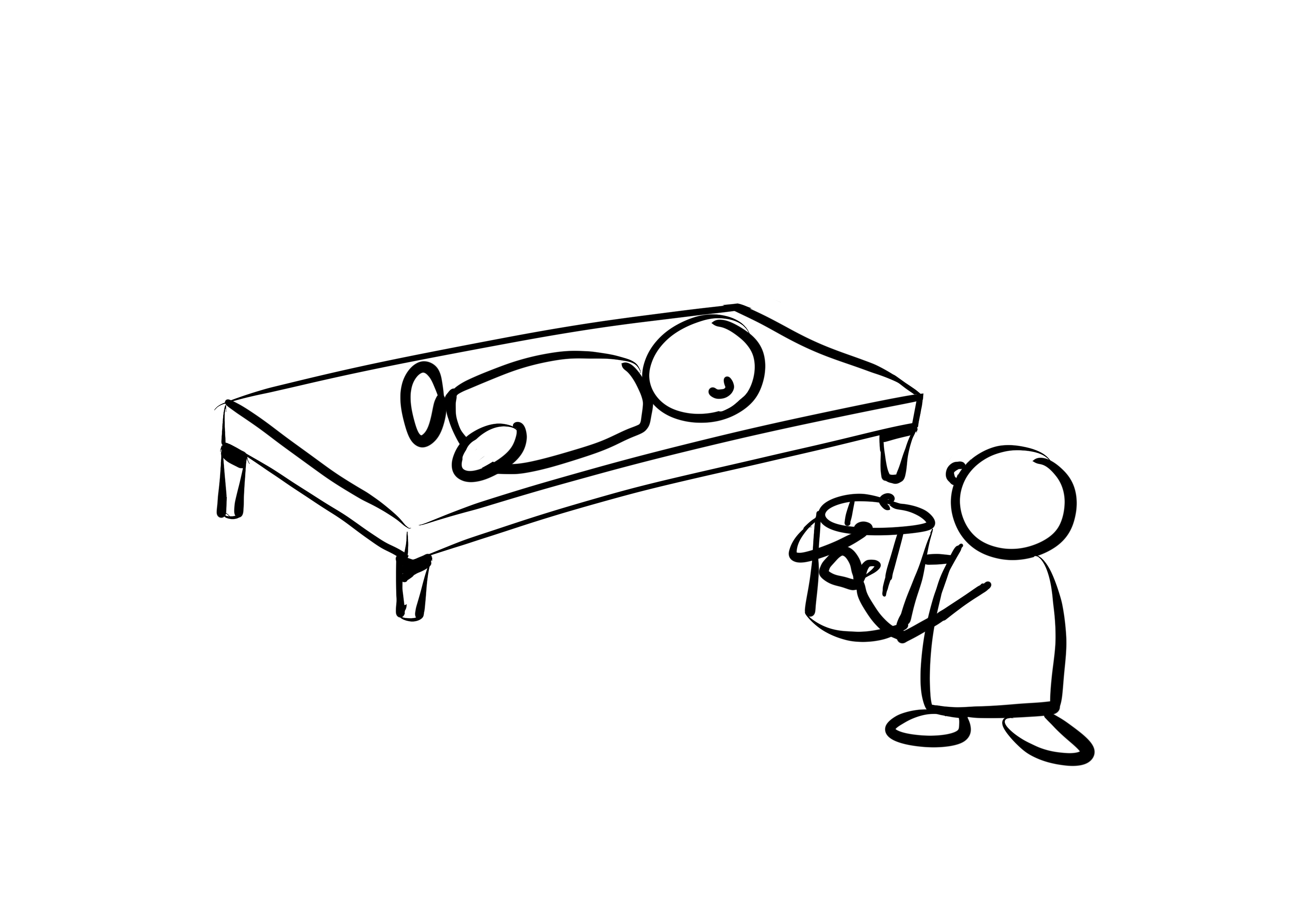 Illustrasjon av to barn som leker. Et barn ligger på en benk, et annet barn bærer en bøtte.
