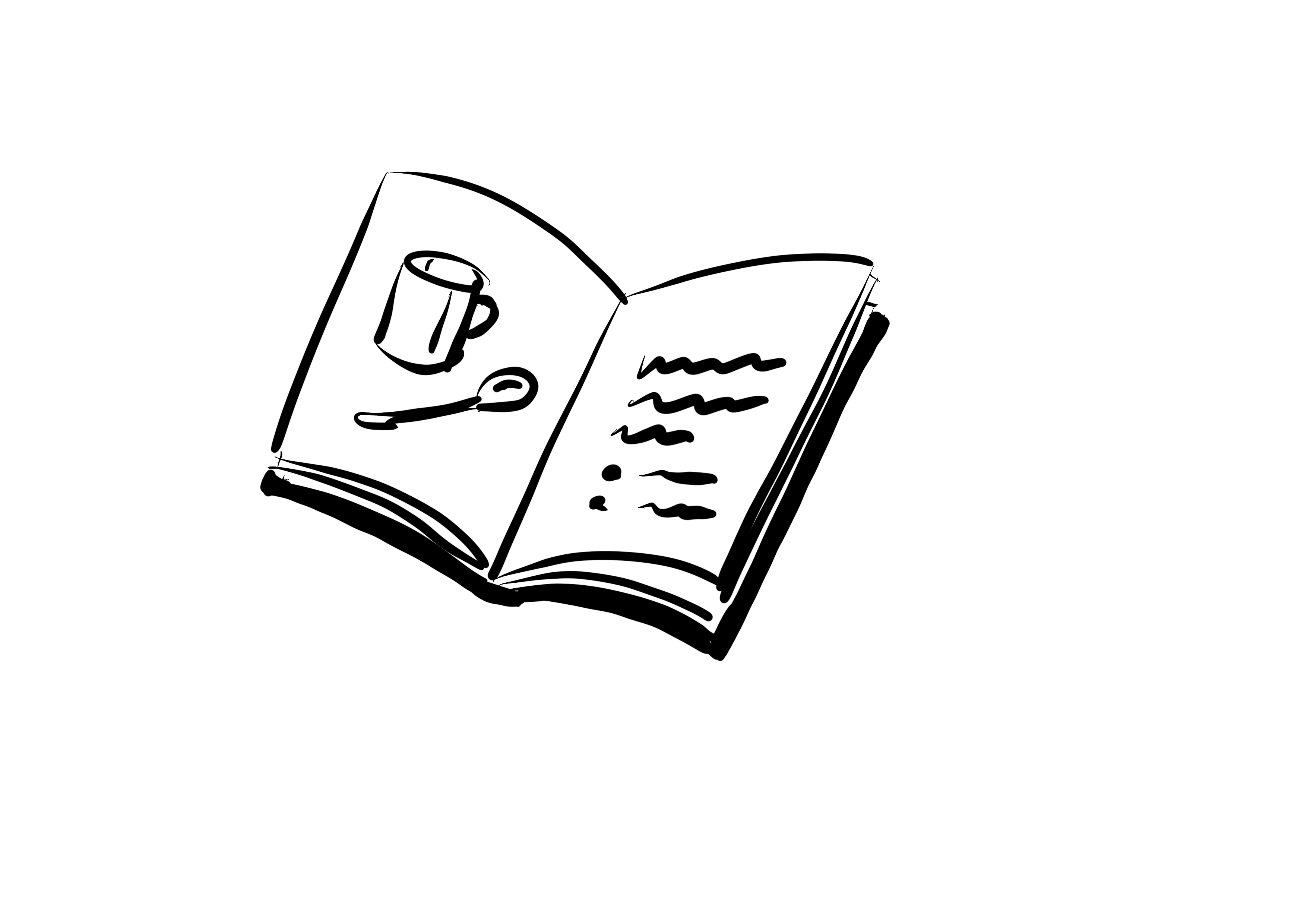 Illustrasjon av en bok med bilde av en kopp, en skje og skrevet tekst