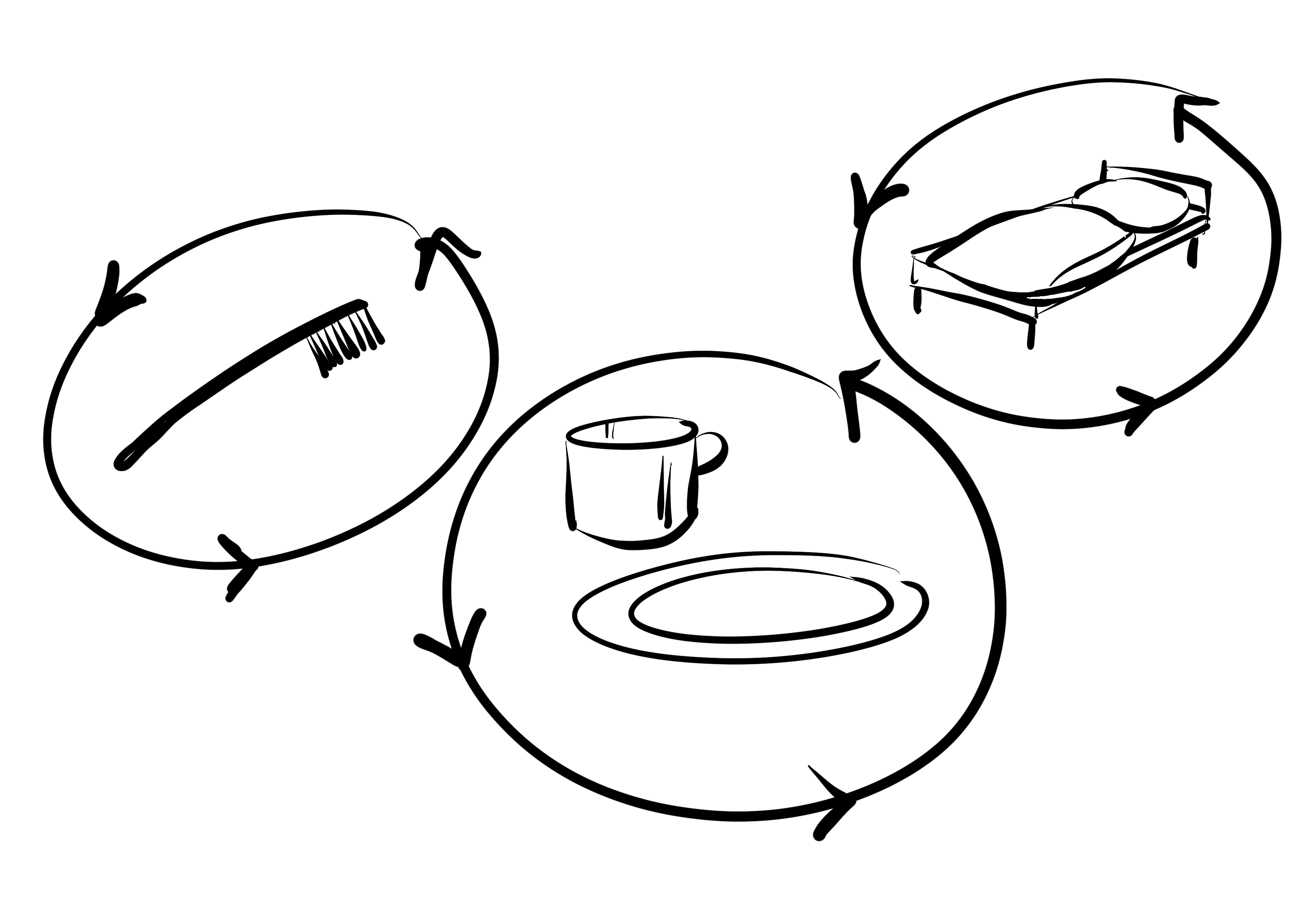 Illustrasjon av tannbørste, seng, kopp og tallerken