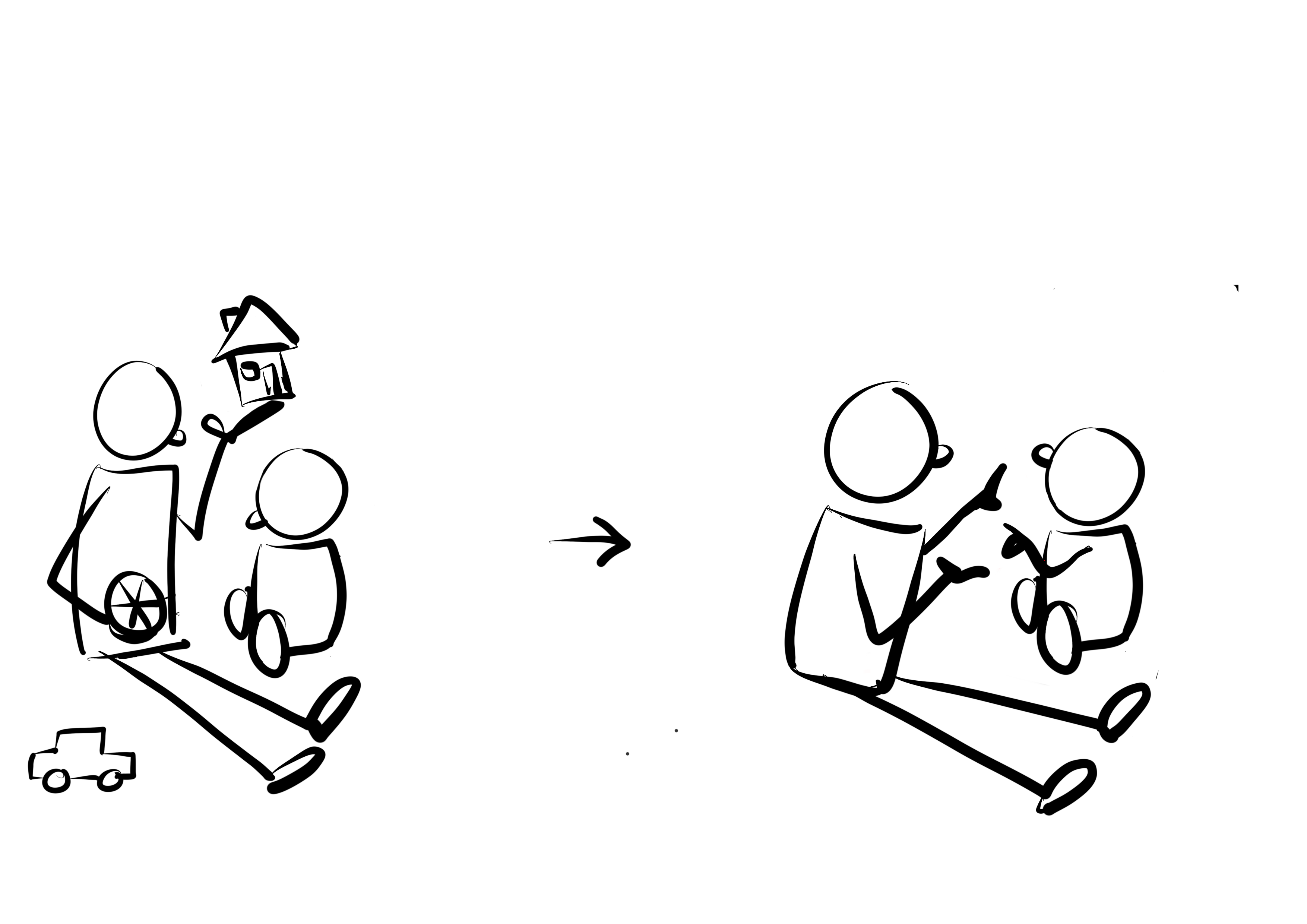 Illustrasjon av samspill mellom voksen og barn med og uten leker