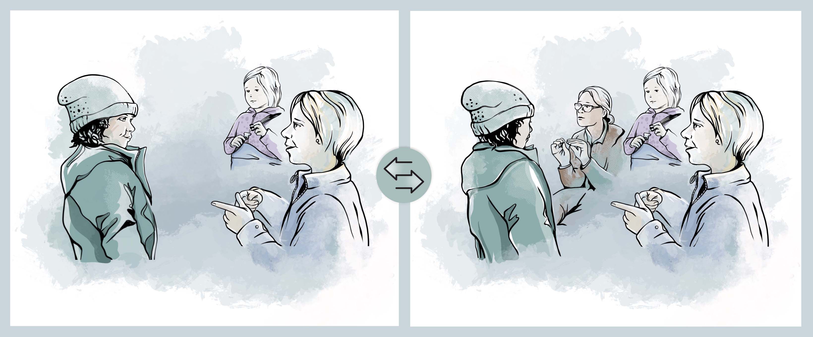 To illustrasjoner av samtale mellom barn og voksen. På en av illustrasjonene er det med en tolk. Uten tolk har barn og voksen blikkontakt. Med tolk er barnets blikk rettet mot tolken. 