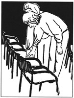 Sette seg på en stolrekke, ledsager stopper ved den aktuelle stolen og legger hånden sin på stolryggen eller stolsetet.
