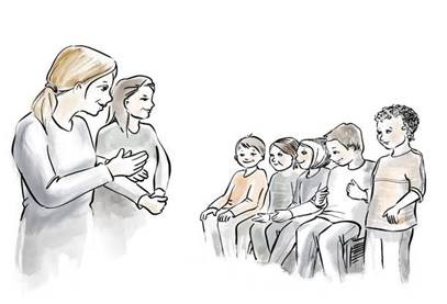 Tegning som viser noen voksne som lærer barn tegnspråk