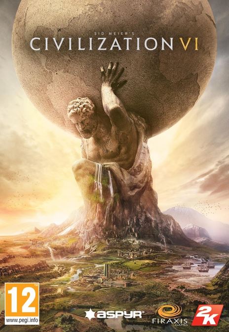 Spillets forside gigantisk skulptur  i landskap av knelende mann som holder en jordklode