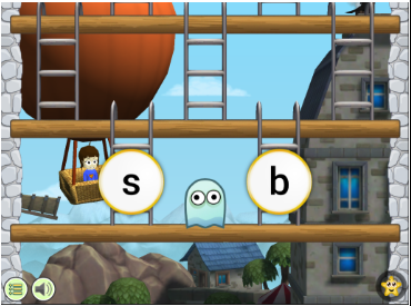 Et spøkelse og bokstavene "s" og "b" i hver sin boble. En gutt som skal velge bokstav.