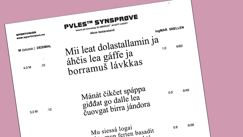 Bilde av kartleggingstesten PVles. Setninger på samisk som blir mindre og mindre.