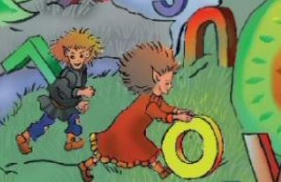To barn som løper og ruller på en stor o-bokstav.