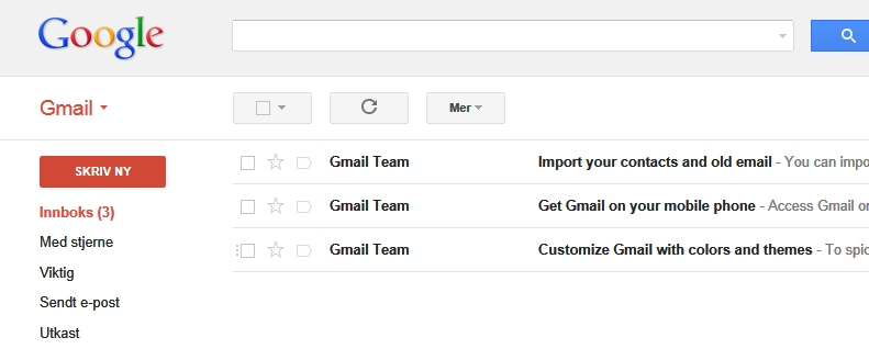 Bilde: Gmail innboks med standardvisning