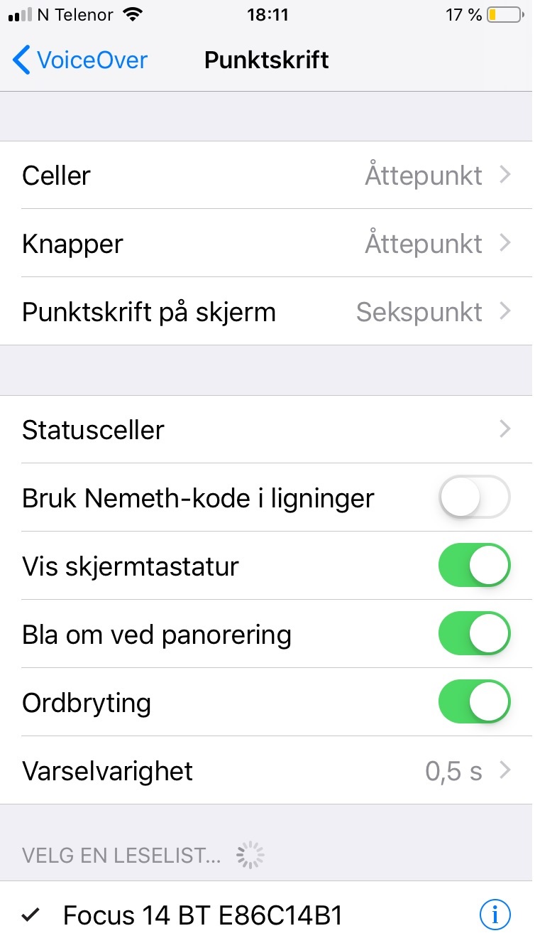 Bilde: Innstillinger Punktskrift VoiceOver