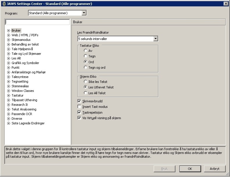 Bilde: JAWS Settings Center