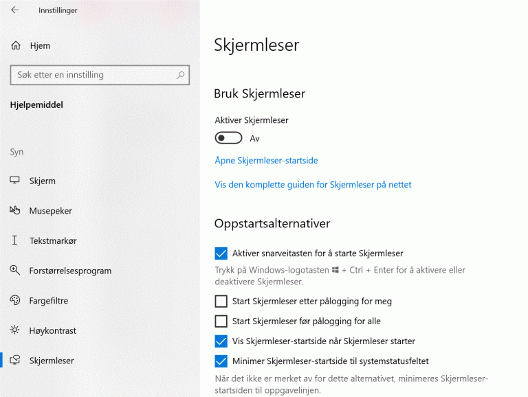 Bilde: Innstillinger for Skjermleser