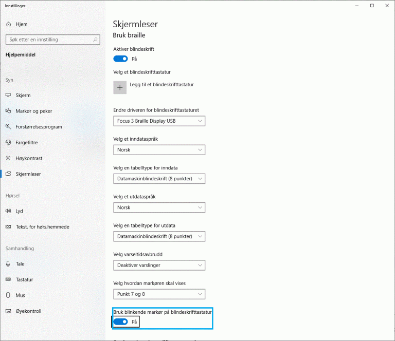 Bilde: Nyttige innstillinger ved bruk av leselist, velg et blindeskrifttastatur