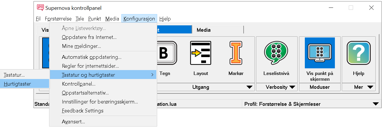 Bilde: Kontrollpanel, konfigurasjon av tastatur og hurtigtaster