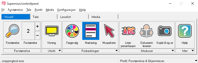 Bilde: kontrollpanel har 4 faner  visuell, tale, leselist og media