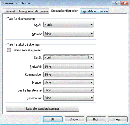 Bilde: Stemmeinnstillinger med fanen Konfigurere talesyntese