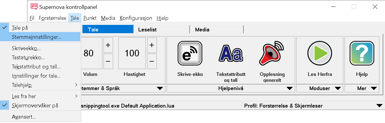 Bilde: SuperNova Kontrollpanel, tale og stemmeinnstillinger