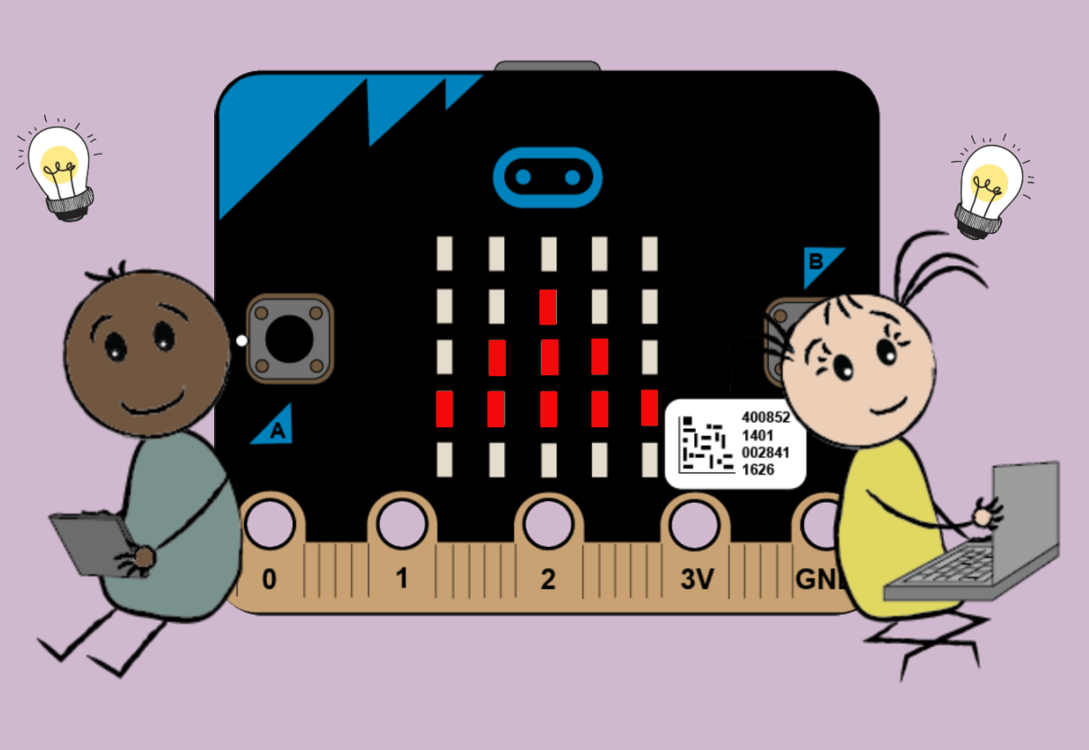 Skjermdump animasjon micro:bit og to barn som programmerer.