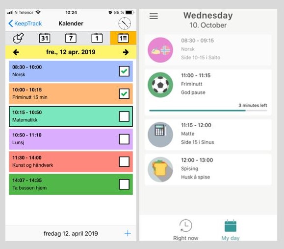 To skjermdumper som viser dagsplan i kalender-apper. Keep Track Comai og Tiimo.