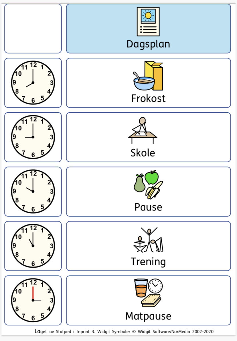 Dagsplan laget i Inprint 3 med Widgitsymboler