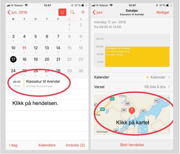To skjermdumper fra iOS kalender som viser hvordan legge inn sted og kart