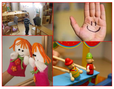 Barn som leker, et smilefjes tegnet i en hånd, en hånddukke og leker